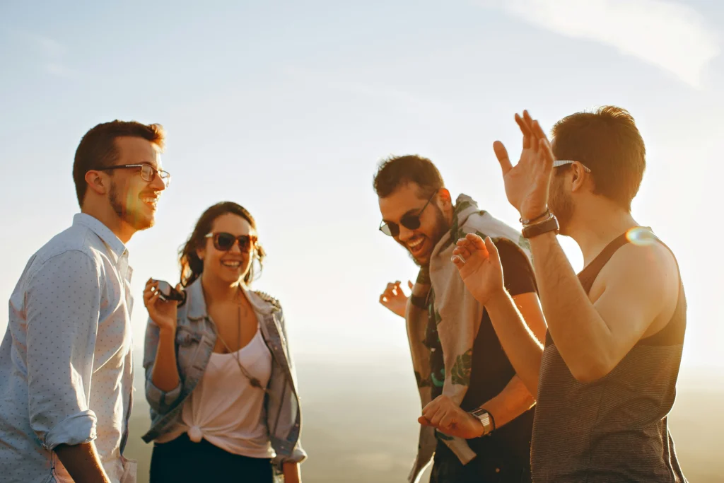 Group of friends having fun on day trip 