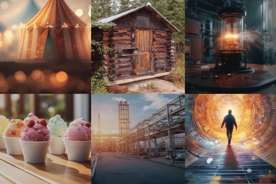 Collage showcasing various escape room themes available at Think in a Box in San Angelo, including a circus tent, rustic cabin, scientific lab, colorful ice cream cups, industrial factory, and a futuristic portal, representing different adventure levels for groups.