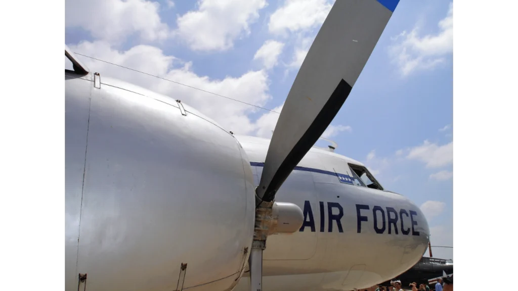 Close-up view of an Air Force aircraft propeller under a blue sky, symbolizing the connection to Goodfellow Air Force Base near San Angelo, Texas, where military personnel can enjoy off-duty activities like escape room adventures.